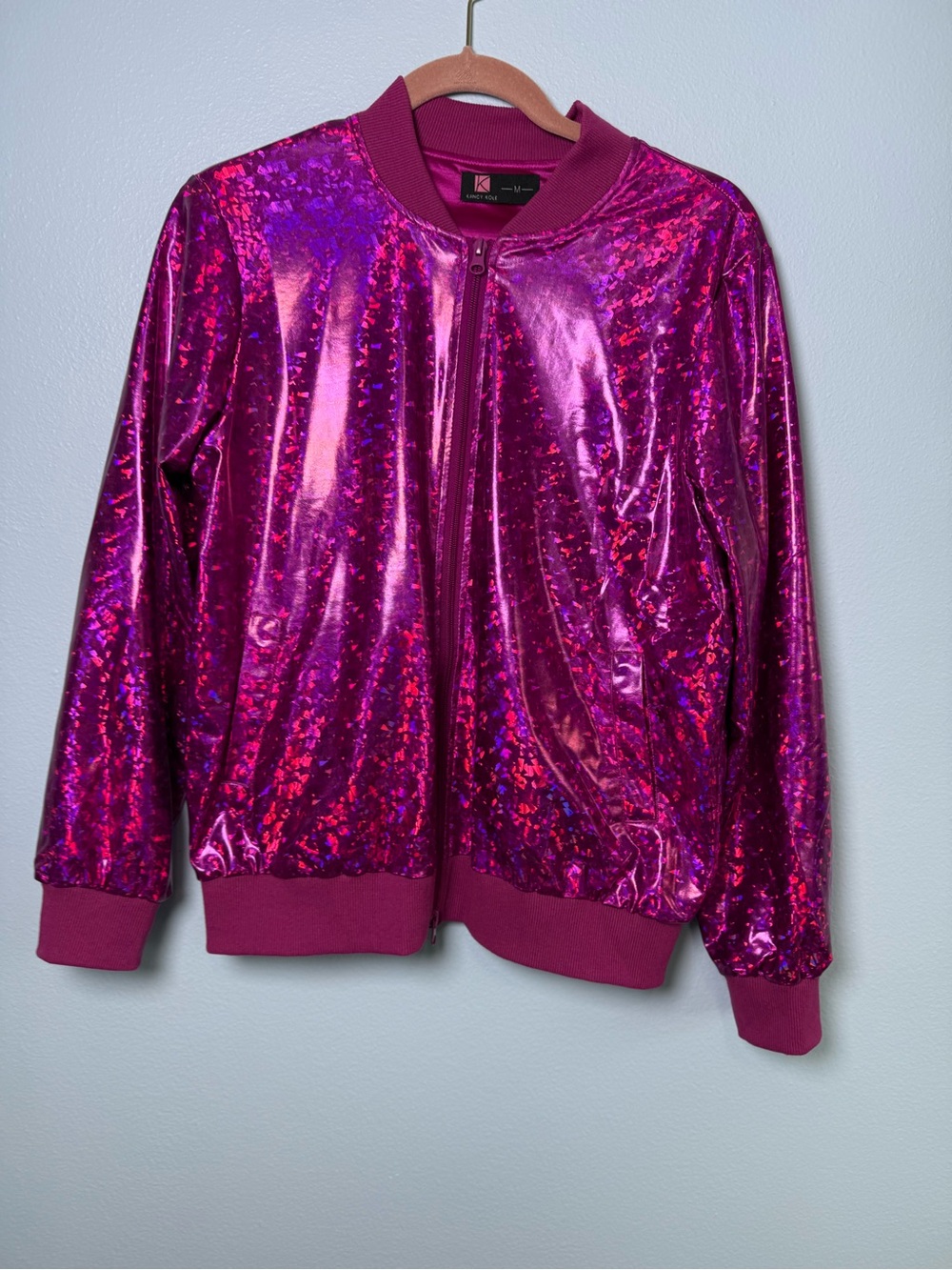 Sequin-Effect Bomber Jacket in Magenta Pink and Purple Style